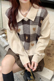 themeisles Heart Grid Beige Polo Cropped Sweater