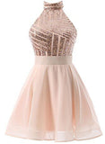 tmallworld Beautiful Short Pink Sequins Knee Length Homecoming Dresses, Halter Teen Party Dress, Sequins Party Dress