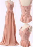 tmallworld Pink Chiffon Bridesmaid Dresses Lace-Up, Pink Simple Prom Gowns, Party Dresses for Women