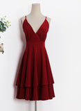 themeisles Beautiful Dark Red V-neckline Chiffon Layers Women Dresses, Fashion Women Dresses