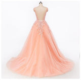 tmallworld Pearl Pink Tulle V-neckline Formal Gowns, Elegant Party Dress , Lace-up Formal Dresses