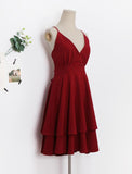 themeisles Beautiful Dark Red V-neckline Chiffon Layers Women Dresses, Fashion Women Dresses