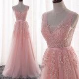 tmallworld Pink Tulle and Appliques Long Prom Dresses, Pink Tulle Party Dresses, Bridesmaid Dresses