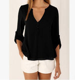 S-5XL Women deep v neck Shirts Summer button long sleeve ladies tops chiffon shirts solid elegant Top Black casual Blouses