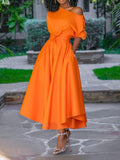 Women Dress Bare Shoulder Waist Belt Long A Line Pleated Orange Casual Fashion Female Ladies Elegant New Autumn Summer Robes