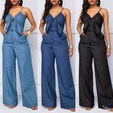 themeisles Summer Women's Denim Jumpsuit Sexy High Waist Wide Leg Long Pants Romper Front Tie Knotted Jeans V-neck Overalls