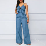 themeisles Summer Women's Denim Jumpsuit Sexy High Waist Wide Leg Long Pants Romper Front Tie Knotted Jeans V-neck Overalls