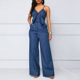 themeisles Summer Women's Denim Jumpsuit Sexy High Waist Wide Leg Long Pants Romper Front Tie Knotted Jeans V-neck Overalls