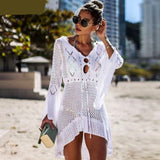 themeisles Backless Sexy Knitted Dress Women Summer Long Sleeve Open Back See Through Beach Cover Mini Dress Femme Clubwear