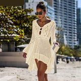 themeisles Backless Sexy Knitted Dress Women Summer Long Sleeve Open Back See Through Beach Cover Mini Dress Femme Clubwear