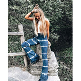 themeisles Summer Women Casual Flare Pants Milk Silk High Waist Sexy Wide Leg Elastic Stripe Trousers Fashion Soft Stretchy Loose Bottoms