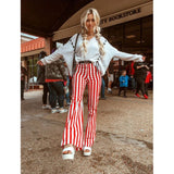 themeisles Summer Women Casual Flare Pants Milk Silk High Waist Sexy Wide Leg Elastic Stripe Trousers Fashion Soft Stretchy Loose Bottoms