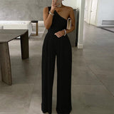 themeisles Sexy Women One Shoulder Solid Jumpsuit Spring Elegant Wide Leg Pants Playsuit Summer Sleeveless Loose Beach Overalls Romper