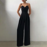 Summer New Spaghetti Strap Zipper Jumpsuits Women Solid Color High Waist Backless Wide Leg Long Pants Ladies Elegant Jumpsuit