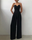 Summer New Spaghetti Strap Zipper Jumpsuits Women Solid Color High Waist Backless Wide Leg Long Pants Ladies Elegant Jumpsuit