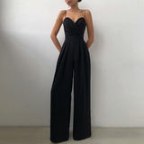 New Spring Folds V-neck Chiffon Jumpsuit Women Elegant High Waist Sleeveless Sling Bodysuit Summer Wide Leg Romper Overalls