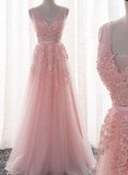 tmallworld Pink Tulle and Appliques Long Prom Dresses, Pink Tulle Party Dresses, Bridesmaid Dresses