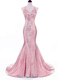 tmallworld Pink Sequins Party Gowns, V-neckline Mermaid Cross Back Prom Dresses, Evening Gowns