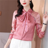 Women Fashion Print Pink Blouses Long Sleeve Vintage Ribbon Bow Shirt Ladies Classic Lapel Button Shirts Spring Autumn Woman Clothes Designer Blouse Cute Tops