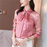 Women Fashion Print Pink Blouses Long Sleeve Vintage Ribbon Bow Shirt Ladies Classic Lapel Button Shirts Spring Autumn Woman Clothes Designer Blouse Cute Tops