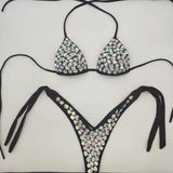 vacation style diamond bikini set bandage open swimwear push up bling stones swimsuit sexy women swim 210621