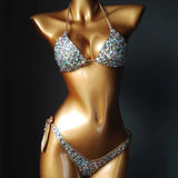 vacation style diamond bikini set bandage open swimwear push up bling stones swimsuit sexy women swim 210621