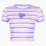 themeisles Y2K Nostalgia Purple Striped Crop Top Flaming Heart