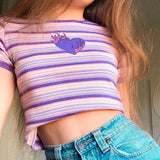 themeisles Y2K Nostalgia Purple Striped Crop Top Flaming Heart