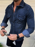 themeisles Men's Denim Shirt Solid Color Collar Black Blue Royal Blue Light Blue Gray Street Daily Long Sleeve Button-Down Clothing Apparel Denim Casual Comfortable Pocket