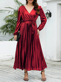 themeisles Tied Waist Solid Color Pleated Elasticity Bronzing Puff Sleeves Loose V-Neck Midi Dresses