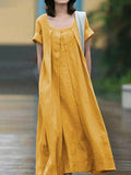 themeisles Simple Solid Color U-Neck Pleated Short Sleeves Maxi Dress