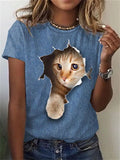 themeisles Women's T shirt Tee Blue Khaki White Graphic Cat Print Short Sleeve Daily Weekend Vintage Round Neck Regular 3D Cat Painting