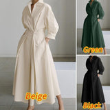 themeisles Solid Women's Vintage Lapel Shirt Long Sleeve Big Hem Cotton Linen Black Dresses