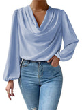 themeisles New Chiffon Pile Collar Pleated Long-sleeved Shirt Lantern Sleeves Loose Draped V-neck Comfortable Casual Tops T-shirt Women