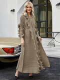 themeisles Original Loose Long Sleeves Tied Pleated Falbala Solid Color V-Neck Maxi Dresses