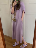 themeisles Casual Loose Short Sleeves Split-Side Solid Color Round-Neck Midi Dresses