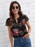 themeisles Explosive Summer New Round Neck Lace Shoulder Sleeve Floral Print White Short-sleeved Comfortable Casual T-shirt Female