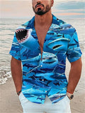 themeisles Men's Short Sleeve Cuban Collar Shirt Hawaiian Shark Print Blue