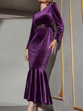 themeisles Zipper Solid Color Belted Wrap Mermaid Round-Neck Midi Dresses