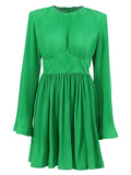 themeisles Zipper Solid Color Pleated High-Waisted Flared Sleeves A-line Round-neck Mini Dresses