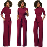 themeisles New Fashion Women's Solid Color Lapel Five-point Sleeve High Waist Wide Leg Jumpsuit