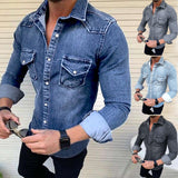 themeisles Men's Denim Shirt Solid Color Collar Black Blue Royal Blue Light Blue Gray Street Daily Long Sleeve Button-Down Clothing Apparel Denim Casual Comfortable Pocket