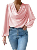 themeisles New Chiffon Pile Collar Pleated Long-sleeved Shirt Lantern Sleeves Loose Draped V-neck Comfortable Casual Tops T-shirt Women