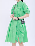 themeisles Solid Color Pleated Asymmetric Short Sleeves Loose Stand Collar Shirt Dress Mini Dresses