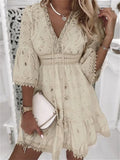 themeisles Women's Party Dress Lace Short Mini Dress White 3/4 Length Sleeve Embroidery Hollow Out Ruched Fall Winter V Neck Stylish Modern  S M L XL 2XL 3XL