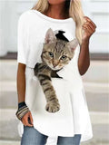 themeisles Cat Print Short-sleeved T-shirt Women's Casual Outer Wear Ladies T-shirt Black White