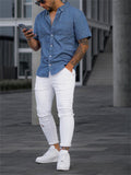 themeisles Mens Solid Color Faux Denim Shirt Short Sleeve Casual Loose Shirt for Men