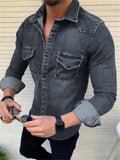 themeisles Men's Denim Shirt Solid Color Collar Black Blue Royal Blue Light Blue Gray Street Daily Long Sleeve Button-Down Clothing Apparel Denim Casual Comfortable Pocket