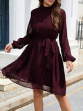 themeisles Split-Joint Solid Color Belted Loose Round-neck Mini Dresses