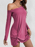 themeisles Casual Loose Long Sleeves Solid Color One-Shoulder Mini Dresses